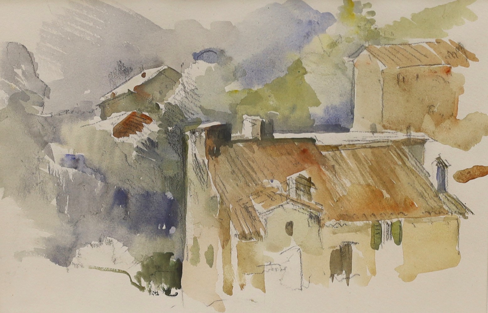 Charles Cundall (1890-1971), watercolour, 'Mountain village, Italy', Louis Kosman label verso, 16 x 25cm